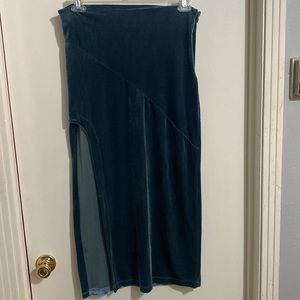 Teal velvet midi skirt with high thigh slit